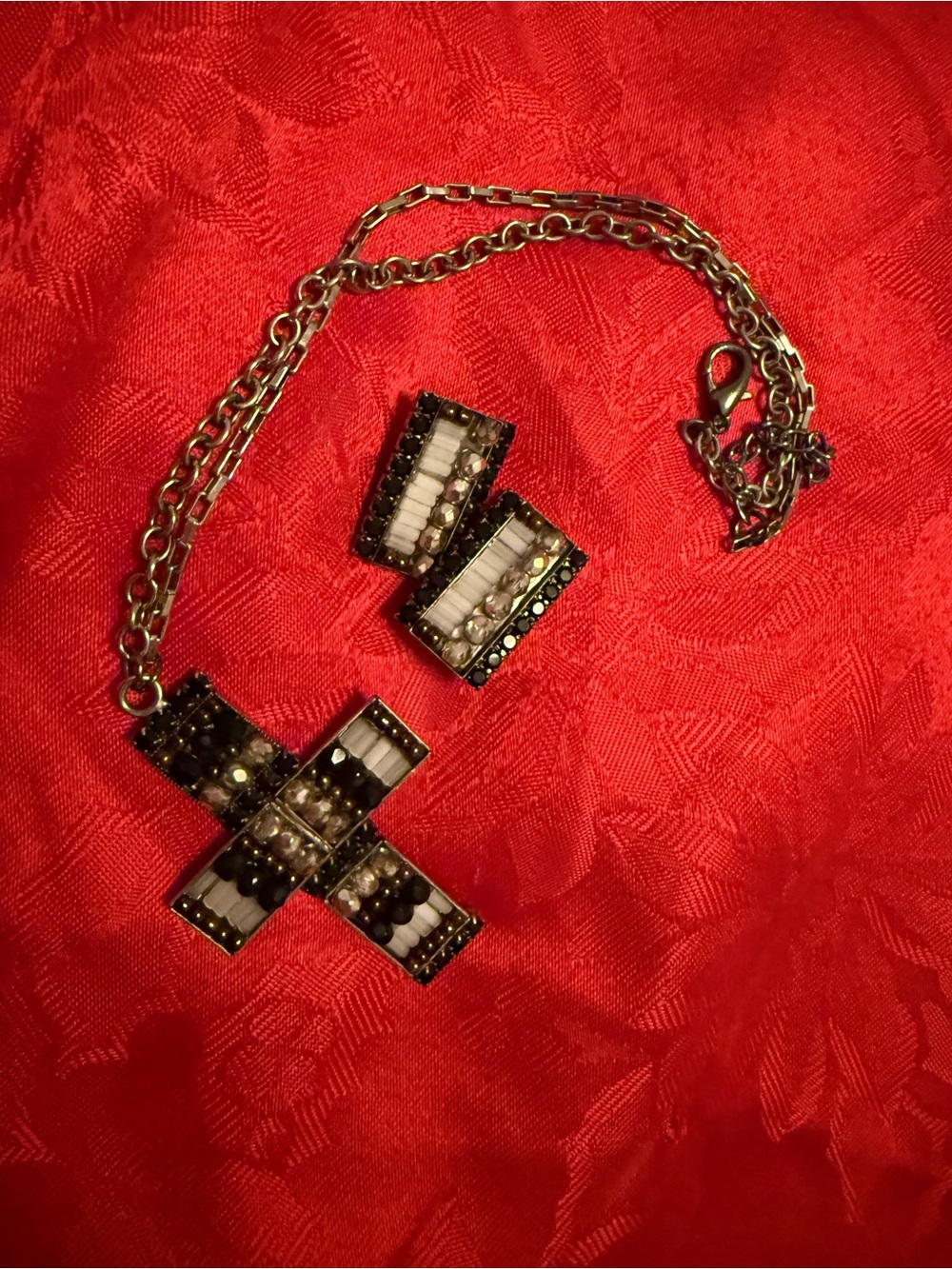 Gold-Tone Black and White Beaded Cross Necklace and Earring Set